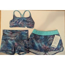 NWT / EUC Ivivva by Lululemon 3 piece blue electric set Size 8 girls bra shorts