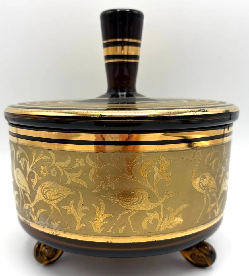 Plato de caramelo de vidrio ámbar flamencos dorado con tapa Hollywood Regency MCM Foto 2 de 4