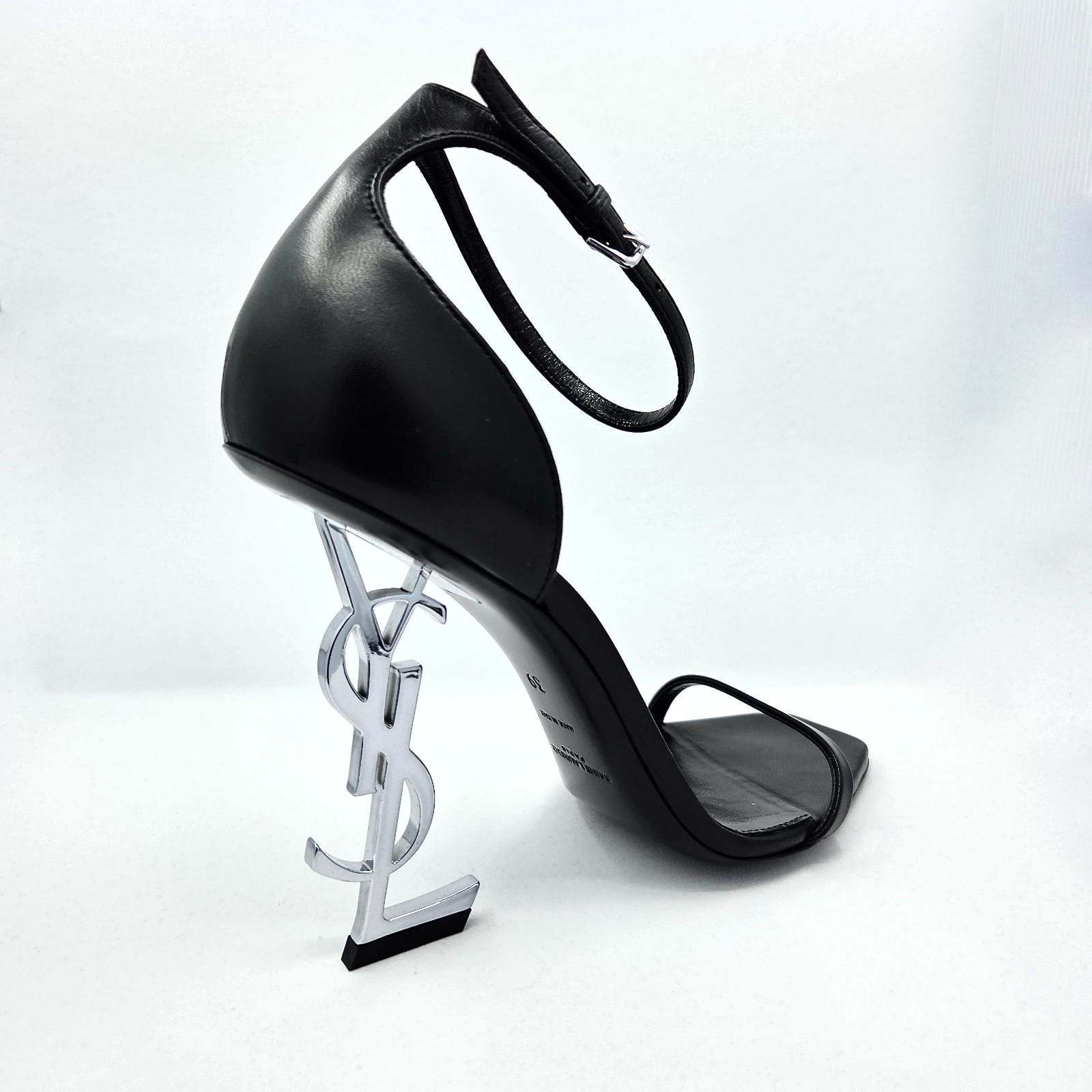 Saint Laurent Opyum 110 pelle nera taglia 39 cinturino alla caviglia argento tacco monogramma YSL