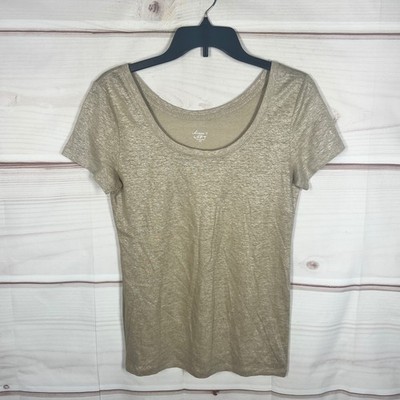 LOFT Linen T-Shirt Womens XS Gold Metallic Scoop Neck Short Sleeve Knit Pullover
