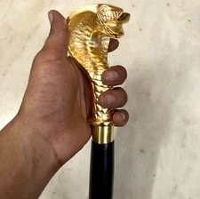 Shiny Brass Cobra Snake Head Walking Stick Cane Wooden Shaft 3 Fold