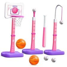 3 in 1 Kids Basketball Hoop and T Ball Set, Adjustable Height Toddler Pink