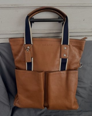 Authentic Rare Brown COACH bag stripe A4 Capacity Smooth genuine leather F70558