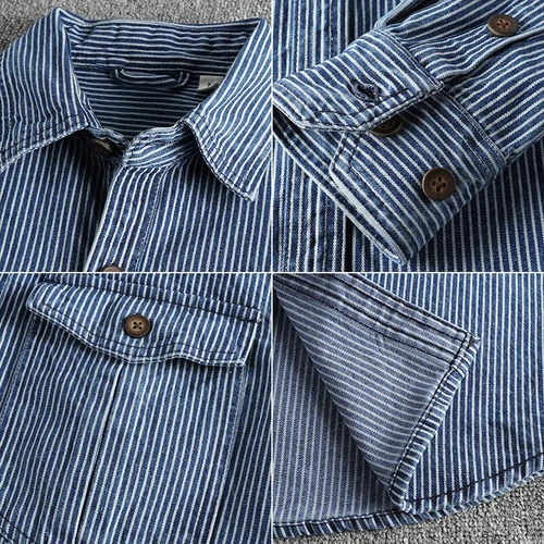Garngefärbt Streifen Stoff gewaschen Retro Workwear Jeanshemd Herren Freizeithemd - - Bild 7 von 21