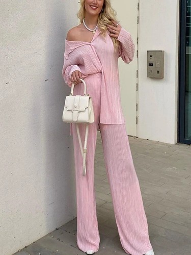 Freizeit Hemd Plissee Zweiteiler Set High Waist Weites Bein Hosenanzug Büro Damen - Bild 18 von 37