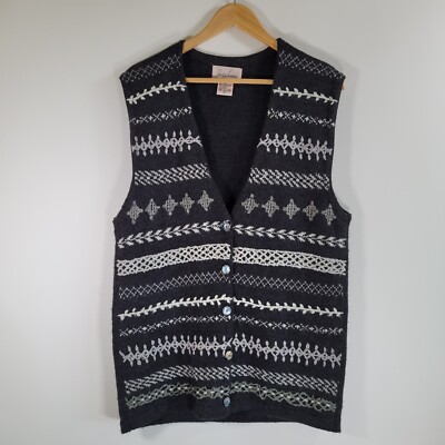 Vintage Longline Knit Cardigan Vest Sz M Wool Blend Fair Isle Grandma