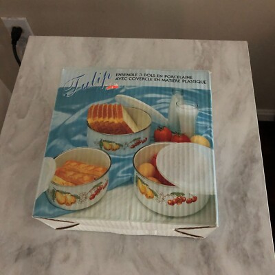 TULIP 3- Piece Bowl Set Porcelain Enamel With Snap-on Covers - READ DESCRIPTION