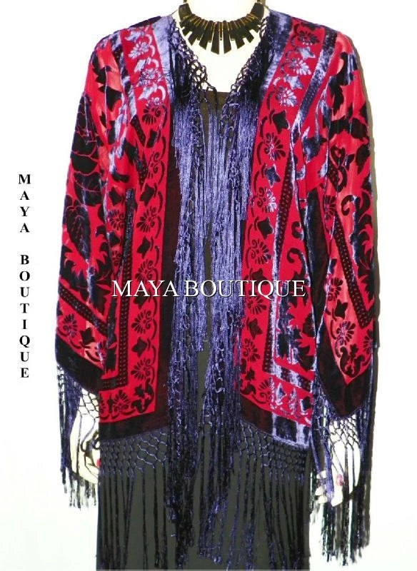 Burnout Velvet Silk Fringe Jacket Kimono Red & Navy Maya Matazaro NEW - Image 2 of 4