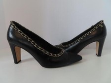 CHANEL Black Grosgrain Cap Pointed Toe Gold Chain  Logo Detail Pumps EUR 38.5