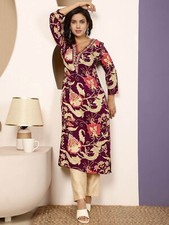 Indian Women Purple Rayon Embroidered Printed Kurta Kurti Top Tunic New Dress