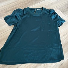 DR2 Women Dark Teal Satin Puff Sleeve Pocket Tunic Top Size M