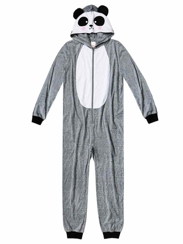 Girls Gray Hoodie Panda Bear Blanket Sleeper Union Suit Pajamas XXS 4-5 - 第 1/1 張圖片