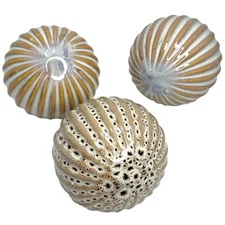 Lot of 3 Glazed Ceramic Decorative Orbs Ribbed Brown Centerpeice Sphere Balls 4"