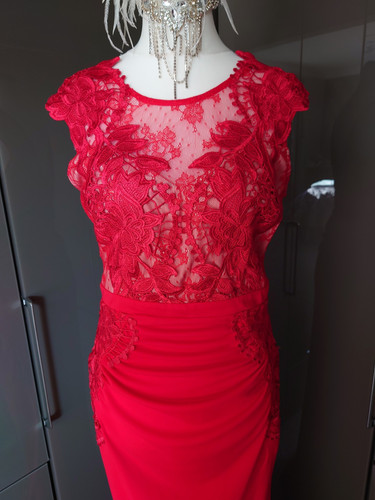 Lipsy Red Lace Embroidered Long Formal Evening Dress 12 Ruched Drape Prom Cruise - Picture 4 of 15
