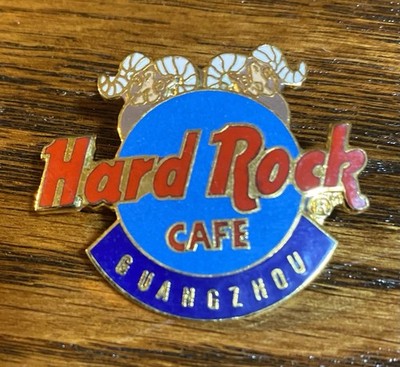 Hard Rock Cafe Pin Guangzhou Red on Blue Classic :ogo with 2 Brown Rams Heads