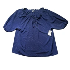 89th + Madison Women’s 2X Blue Jacquard Peasant Blouse Puff Sleeve Tassel Top