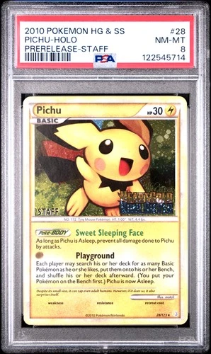 2010 POKEMON HEARTGOLD & SOULSILVER PRERELEASE-STAFF #28 PICHU-HOLO PSA 8