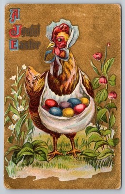A Joyful Easter Postcard 1910 Anthropomorphic Mother Hen Holding Eggs In Apron