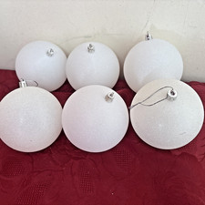 Six Large Baubles Christmas Xmas Tree Decorations White Glittery Sparkly 10 cm