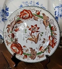 1879 Wedgwood Horticultural 10.25" Plate Polychrome Hand-Ptd. Brown Transferware