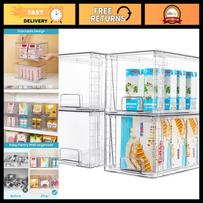 4 Pack Stackable Clear Pantry Storage Drawers - Large Organizers for Kitchen & H