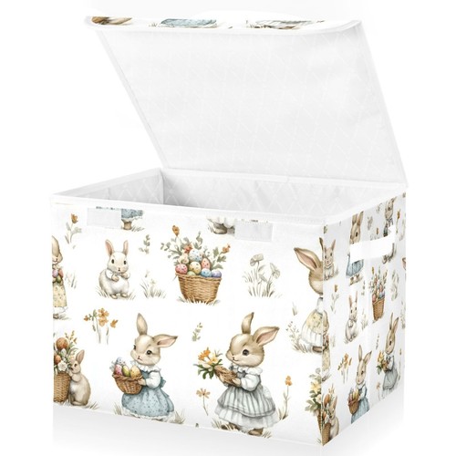 Easter Baskets Collapsible Storage Bins with Lids, Rabbit Flower Grass Patter...