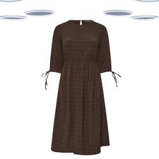 Women's Midaxi Dress - 3/4 Tie Sleeve Check Plus Size Brown