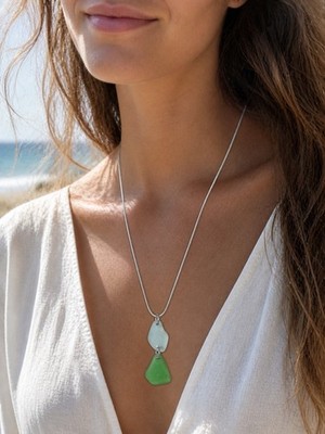 Sterling Silber 925 Meer Glas Anhänger Halskette Grün Aqua Strand Küste Schmuck