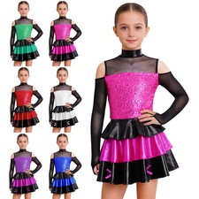 Girls Cold Shoulder Sequin Dress Metallic Ruffle Layered Skirt Jazz Dancewear