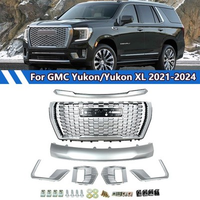 Fits GMC Yukon/XL Denali 21-23 24 Front Grille Hood Trim Molding Silver 7Pcs Set