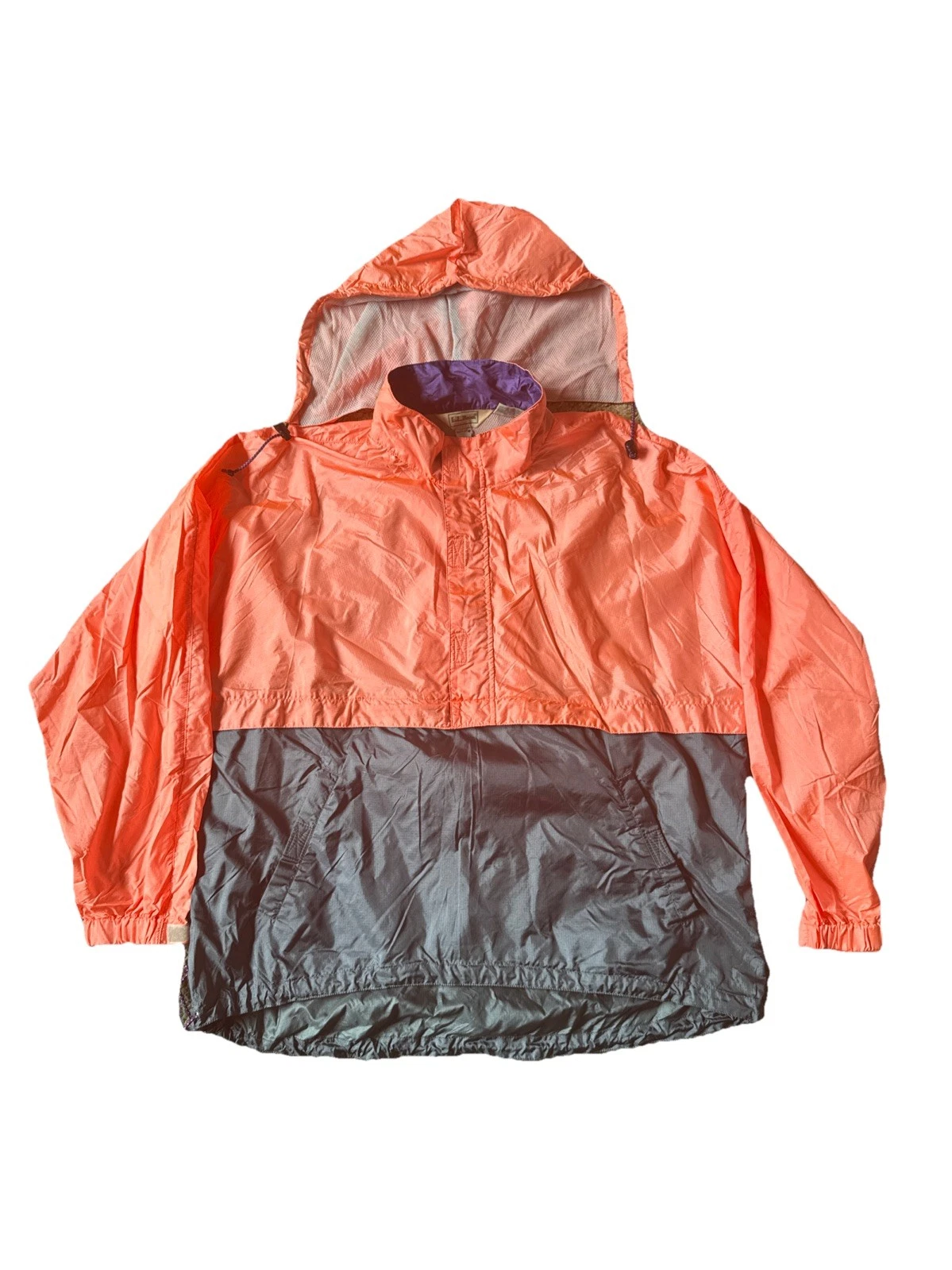 Vintage LL BEAN RipStop Packable Windbreaker Gray Orange XL Neon Hooded Men’s