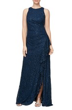Sequin Lace Sleeveless Navy Blue Gown with Ruffle Accent Round Neck