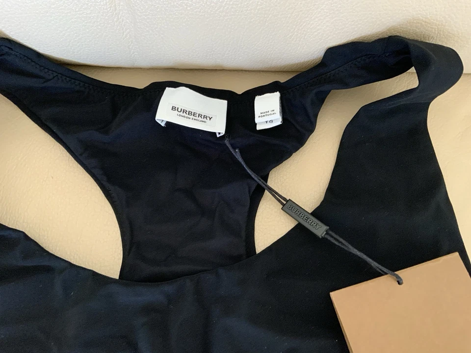 Auténtico conjunto de traje de baño deportivo de 2 piezas a rayas negras rojas Burberry para mujer talla XL Foto 2 de 4
