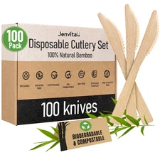 Jenvita 100% Bamboo Knives - 100 Compostable Knives, Disposable or Reusable