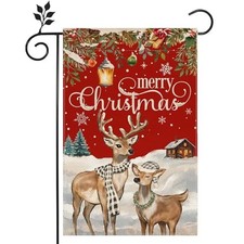 Merry Christmas Snowflake Deer 12x18inch Double Sided Burlap Garden Flag White