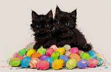 ACEO Mini *Art Print* Black Cats Baby Kittens & Easter Eggs by Saulite