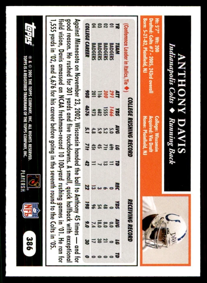 2005 TOPPS ANTHONY DAVIS INDIANAPOLIS COLTS #386 - Image 2 of 2