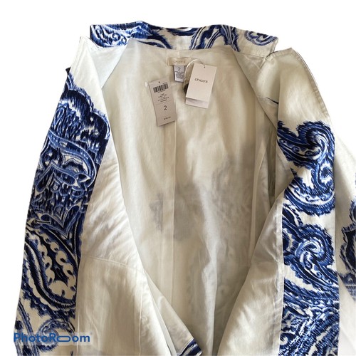 Chicos Linen Paisley White Blue Jacket 1 Button Lined Size 2 Large Long Sleeve - Picture 6 of 7