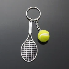 Tennis Racket & Ball Keychain Key Ring Fob Holder Silver Racket with Green Ball