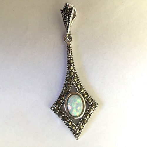 Art Deco Fire Opal Marcasite pendant Sterling silver 1920s vintage style design - Picture 4 of 8