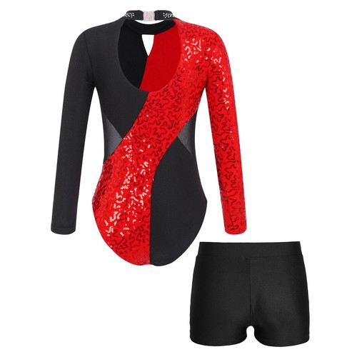 Kids Girl's Dance Outfit Training Rompers Patchwork Bodysuit With Bottoms Set - Picture 30 of 66
