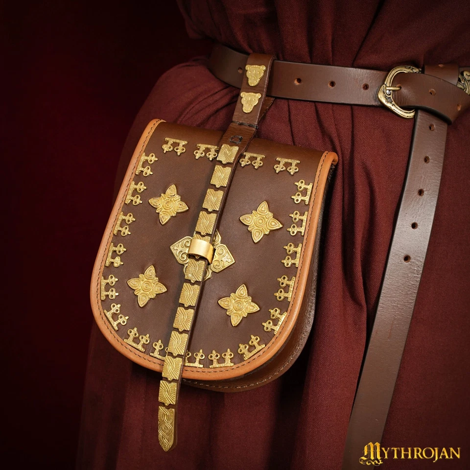Bolso Cinturón Medieval de Cuero con Decoraciones de Latón Sólido LARP Cosplay Birka Bag Foto 4 de 4