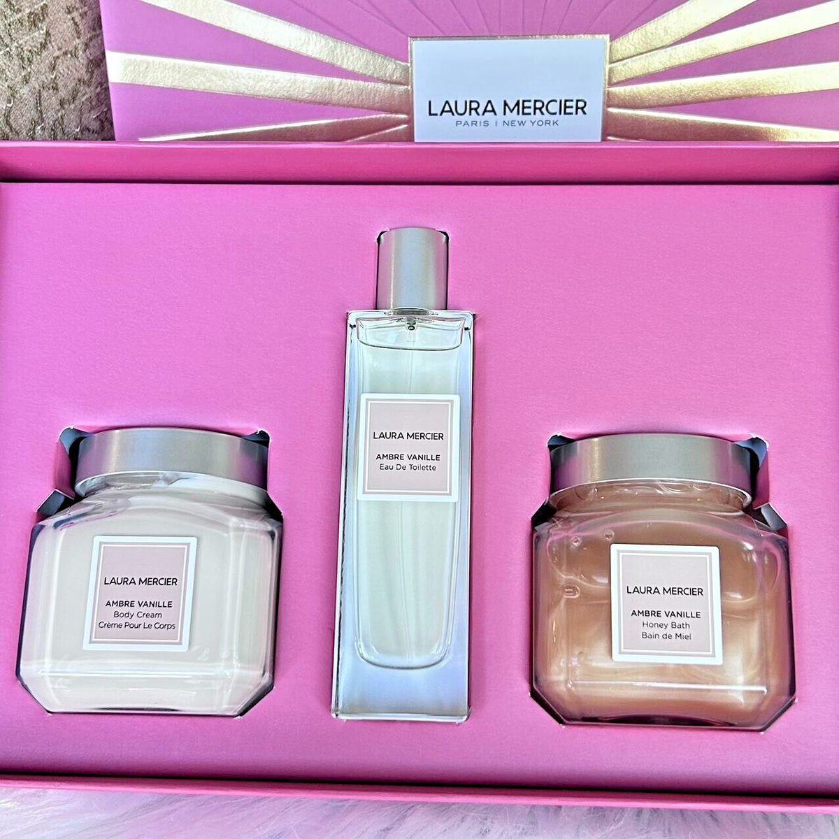 New 3PC Laura Mercier AMBRE Vanille perfume/Body Cream/Honey