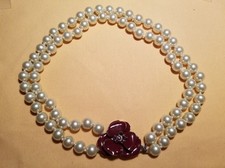 Statement Choker Style Necklace - White Pearls, Enameled Flower  Rhinestones