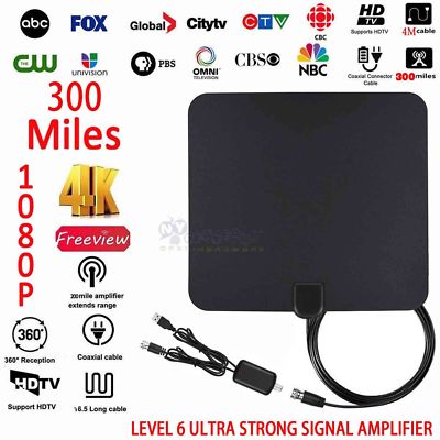 Ultra Thin Flat Indoor HDTV Amplified HD TV Signal Antenna 13FT Coax 300 Mile 4K