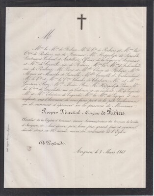 Faire-part décès Prosper-Martial de RIBIERS (Avignon, 1790-1868)