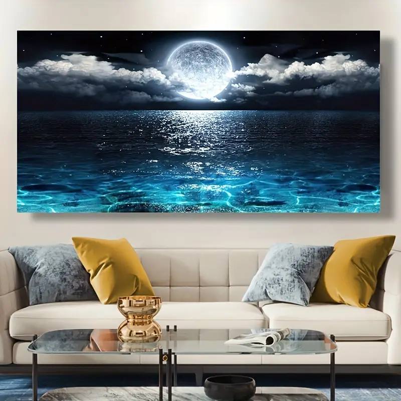 Tableau Imprimé Sur Toile - Paysage Nocturne Avec Lune Et Océan, Décoration Murale Moderne Sans Cadre