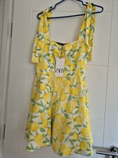 NEW-ZARA Women Yellow Lemon Print Linen Mini Dress Size L (UK10-12)Rare/Sold Out