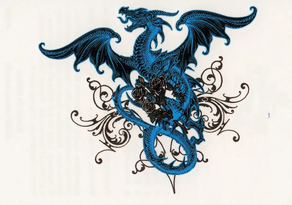 Temporary Tattoo, Dragon Tattoo, AGD234 04-12, Blue Dragon with Black Roses