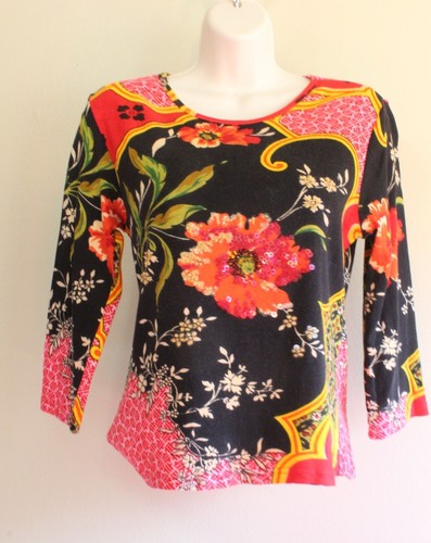 Boho Floral T Shirt Alexandria Pierce M Cotton Knit Sequin 3/4 Sleeve Cropped - Picture 2 of 7